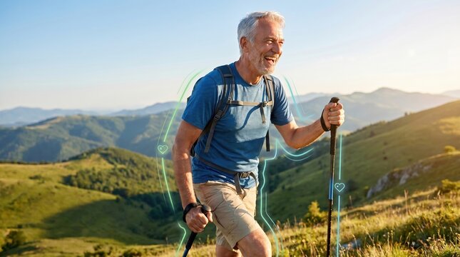 Happy senior man hiking in mountains with glowing heart health graphics active retirement concept.