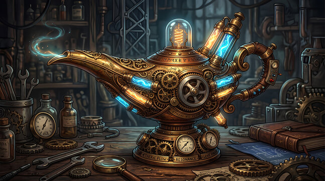 Steampunk teapot with glowing blue lights on a workbench with tools