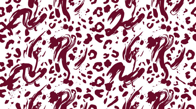 Seamless pattern featuring abstract dark red brush strokes and leopard print spots on white background
