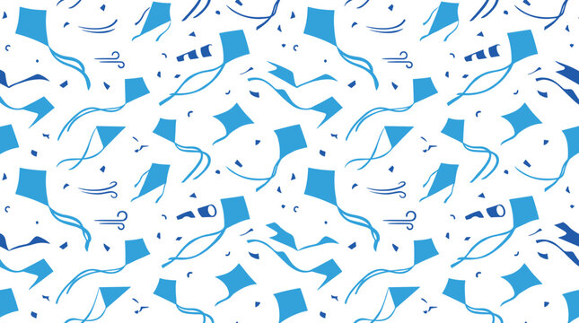 Seamless pattern with blue kites and wind symbols on a white background, playful sky theme for childrens fabric and wrapping paper