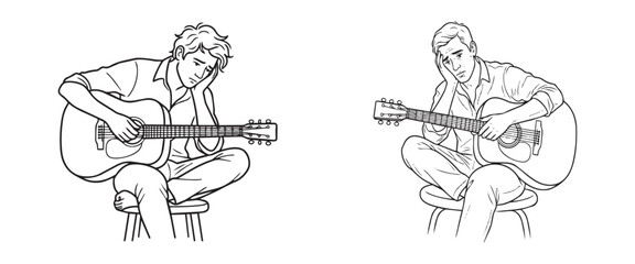 Obraz premium Sad man playing guitar on stool. Melancholy mood, emotional artist. Loneliness, blues music, acoustic instrument.