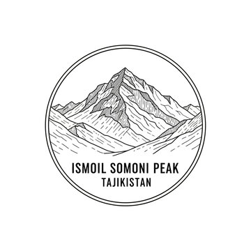 Ismoil Somoni Peak Tajikistan Mountain Landscape Outline Circle Emblem