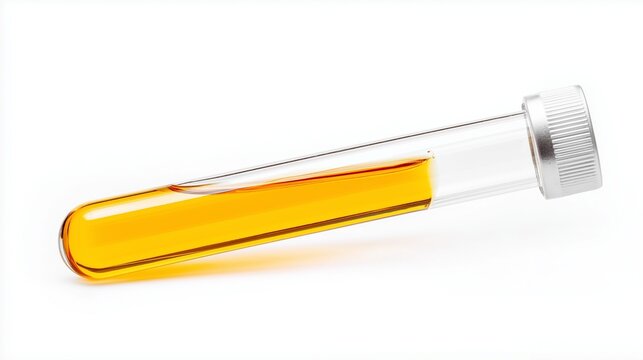 Test tube with golden liquid isolated on white, laboratory glassware