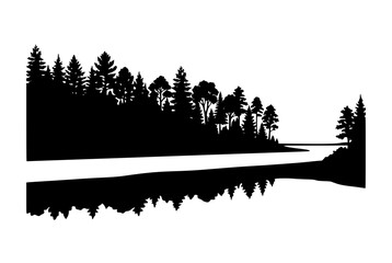 Fototapeta premium Pine Forest and River Reflection Silhouette Graphic