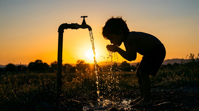 Silhouette of a child drinking fresh water from an outdoor faucet during a vibrant golden sunset in the countryside