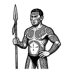 Obraz premium Maori warrior holding a spear, traditional tattoos, strong stance, ancient culture illustration