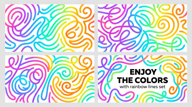 Abstract background set of four rainbow line patterns, colorful tangled swirls, creative artistic texture, vector illustration, modern design, "ENJOY THE COLORS" typography