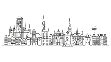 Gdańsk Skyline Outline Drawing, Historic European Cityscape, Landmark Architecture © nad