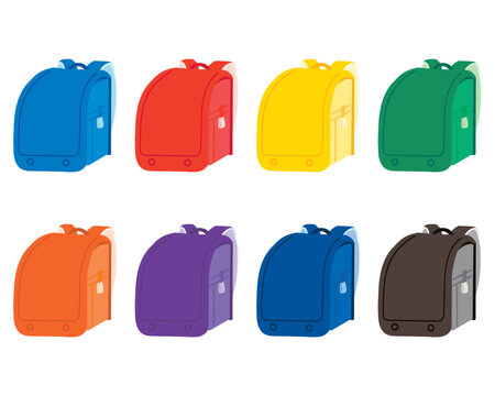 カラフルなランドセルのイラストセット（原色）学校用品