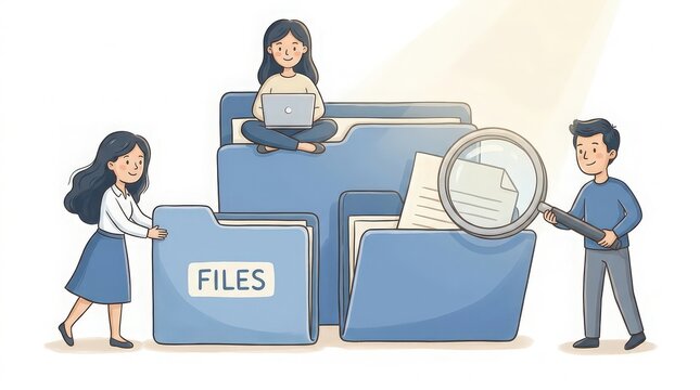 People organizing and searching digital files in folders