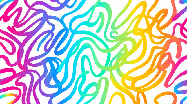 Abstract seamless background featuring vibrant rainbow gradient wavy lines, modern artistic tangled scribble pattern, bright colorful digital design element, texture