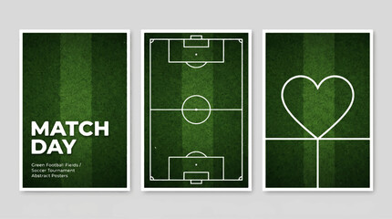 Set of three football match day posters, soccer field background with minimalist line art, tournament marketing templates, vector illustration. © Colourfull