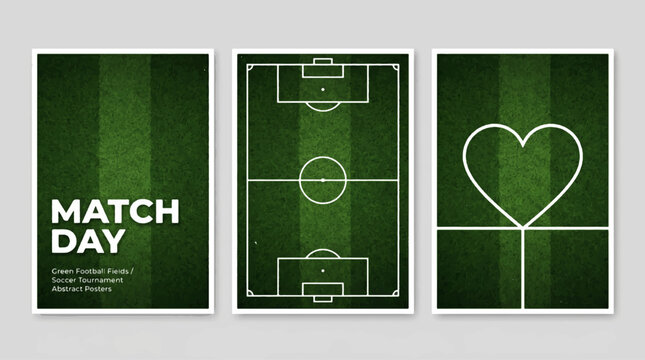 Set of three football match day posters, soccer field background with minimalist line art, tournament marketing templates, vector illustration.
