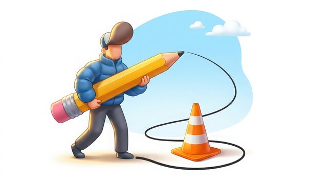 3d illustration of a character drawing a line around a traffic cone