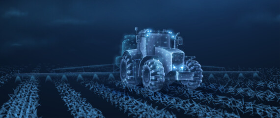Farm tractor on irrigation. Crop cultivation, Soy plantation, Farmer agronomy, Agriculture industry, Fertilizer spray, Development of agriculture, Soybean production, Pesticide application concept © BrixStudioIN
