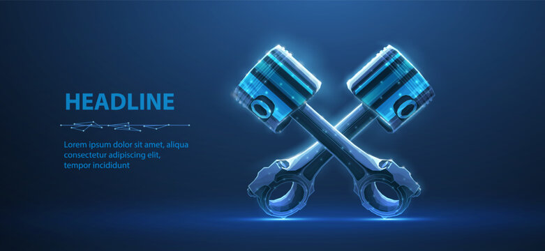 Two piston in cross form on blue. Engine piston, Cylinder additive, Spare rod, Motorcycle motor, Crankshaft technology, Industry innovation, Auto mechanic, Car concept
