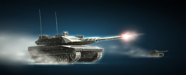 Tanks on the battlefield. Army battle, Armored vehicle, Tank fire, Military technology, Machine guns, Artillery support, Combat vehicle,T roops invasion, War weaponry concept. © BrixStudioIN
