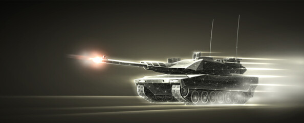 Attacking tank on the battlefield. Armored vehicle, Tank fire, Military technology, Speed attack, Army battle, Machine guns, Artillery support, Combat vehicle,Troops invasion, War weaponry concept. © BrixStudioIN