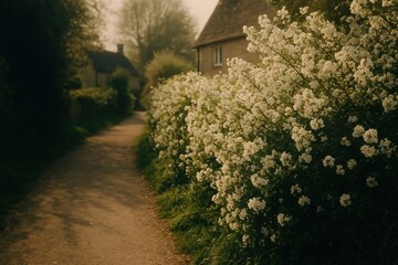 Fototapeta premium Charming countryside path with blossoms.