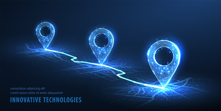GPS. Abstract vector three pin icons on blue city map with white line connection. Transportation delivery, map location, transport logistic, tourism navigate, route path concept. Gps point navigation