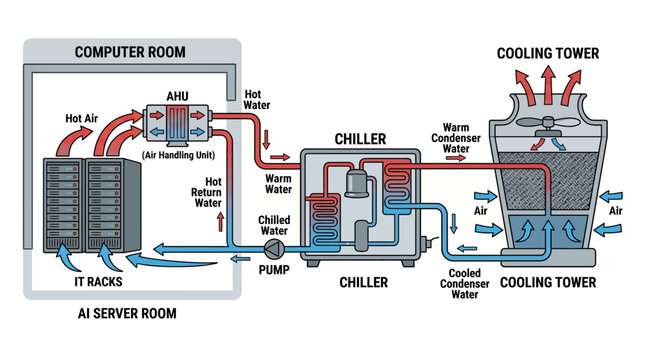 Diagram of a data center cooling system with a chiller and cooling towers