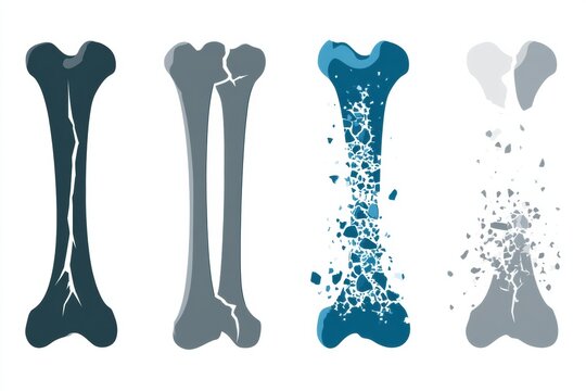 Illustration shows four bone silhouettes displaying different fracture types including hairline, clean break, comminuted, and open compound fracture