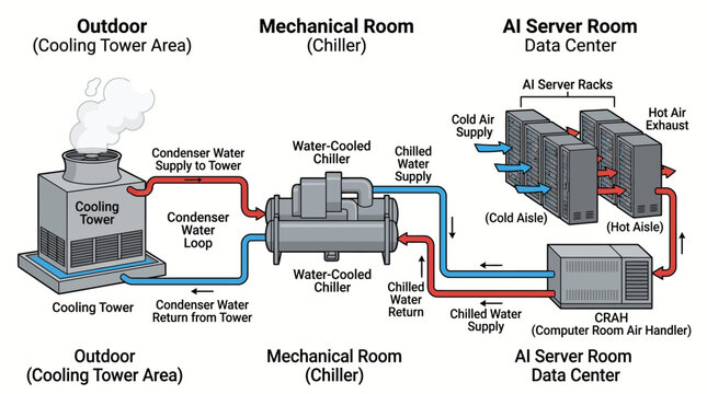 Diagram of air cooling system for data center with mechanical room and outdoor cooling tower area