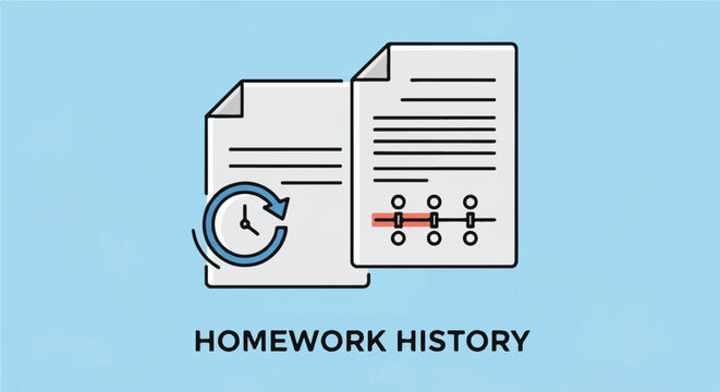 Illustration of Homework History with Documents and Clock Emblem.