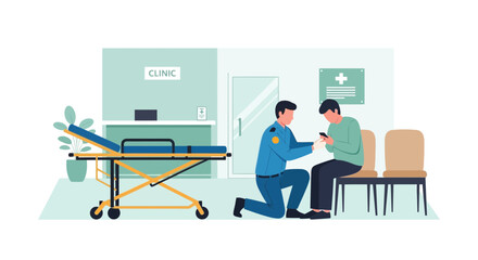 Fototapeta premium Paramedic Tends to Patient in Clinic Waiting Room