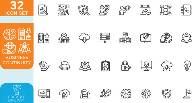 Business Continuity line editable Vector illustration icon set. resilience, disaster recovery, crisis management, threat prevention, strategy, and corporate stability. on transparent background.