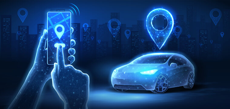 Car with pin and phone in hands. Auto tech, Parking application, Car sharing, Uber service, Mobile navigation technologies, Share ride, City taxi, Parking search, Map location, Rideshare concept.