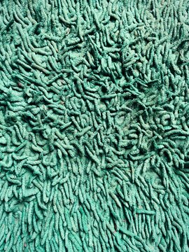 Full frame top view of a green shag microfibril bath mat or carpet texture with soft noodle fabric loops
