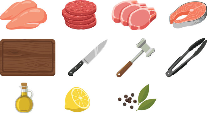 Raw Meat and Seafood Ingredient Collection with Chicken Salmon Bacon Sausage Kitchen Tools and Cooking Seasonings Vector Set