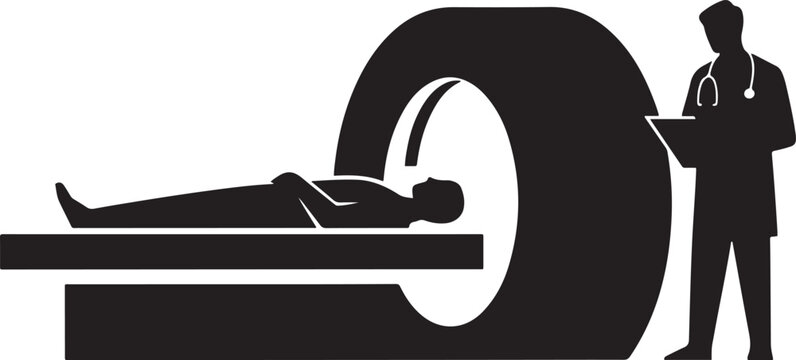 patient receiving CT scan from doctor. black icon solid vector