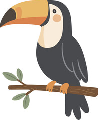 Obraz premium Toucan Perched on Branch Cute Cartoon Illustration