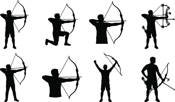Archery Athlete Silhouettes Collection with Traditional and Compound Bow Shooting Poses