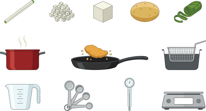 Cooking Equipment and Food Preparation Collection Featuring Pot Frying Pan Deep Fryer Potato Measuring Tools and Kitchen Utensils Vector Set