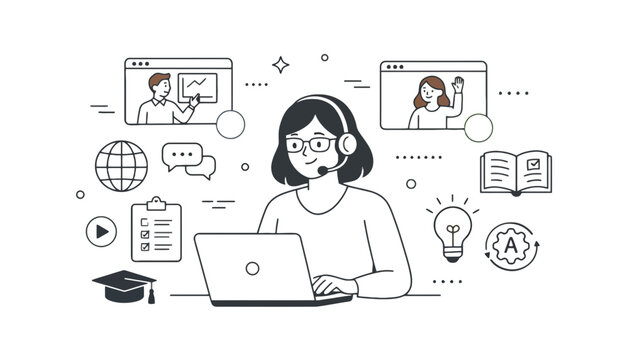 Online learning concept with student using laptop, education