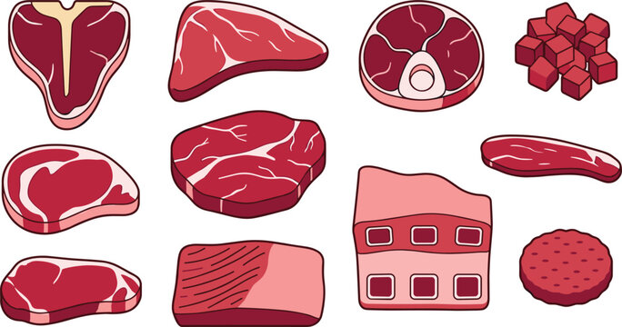 Raw Beef Meat Cuts Collection Featuring Steak Brisket Tenderloin Bacon Cubes and Burger Patty Butcher Vector Illustration Set