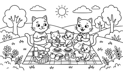Cute cat family picnic scene coloring page cartoon vector illustration © Boloram