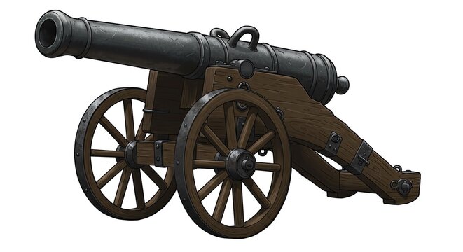 Historic old cannon on wheels isolated.