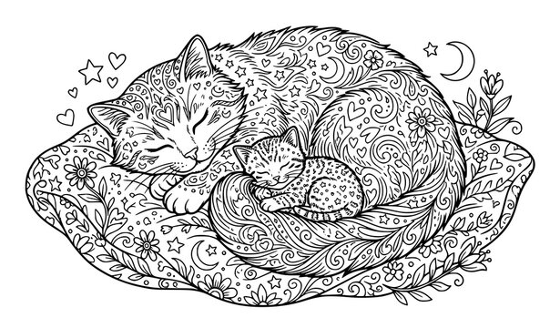 Sleeping cat on decorative cushion detailed hand drawn illustration artwork
