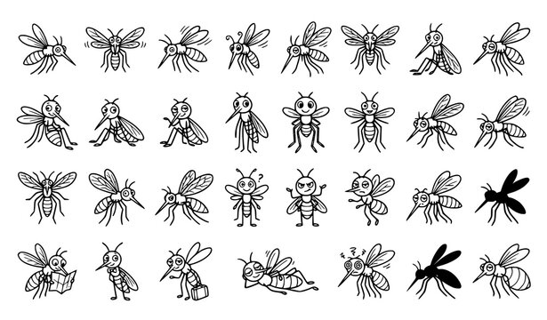 Flying insect collection featuring bees wasps and dragonflies outline illustrations