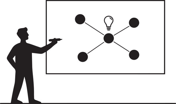 A man drawing a mind map on a board, compiling ideas. black icon solid vector