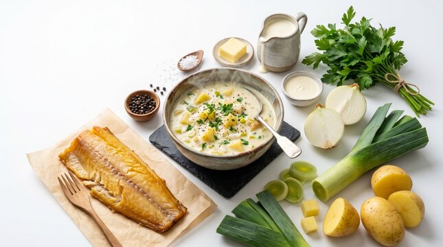 Flat lay of deconstructed Cullen Skink soup ingredients isolated on white background