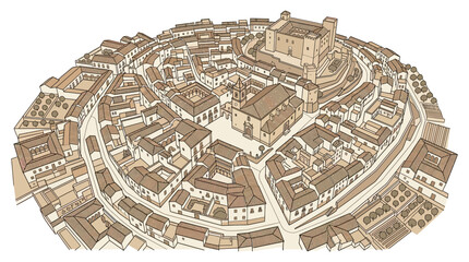 Medieval Town Plan with Castle and Church, Aerial View Illustration © nia