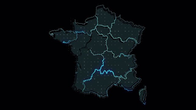 Animated digital map of France with glowing regional borders.