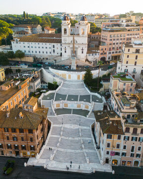 Aerial view of the Spanish Steps and the Trinita dei Monti church in Rome, Lazio, Italy.