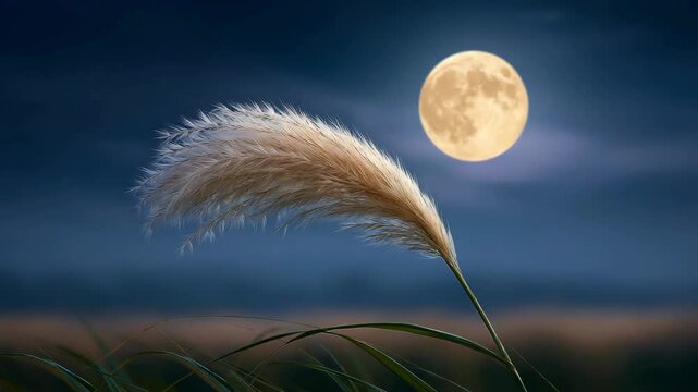 Japanese silver grass shimmering under a bright harvest moon