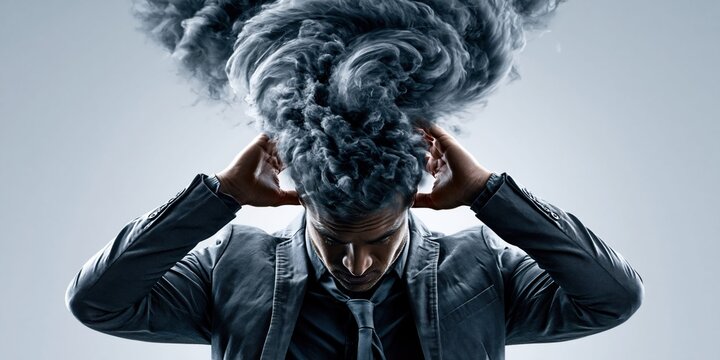 Overwhelmed man battling internal chaos and mental distress